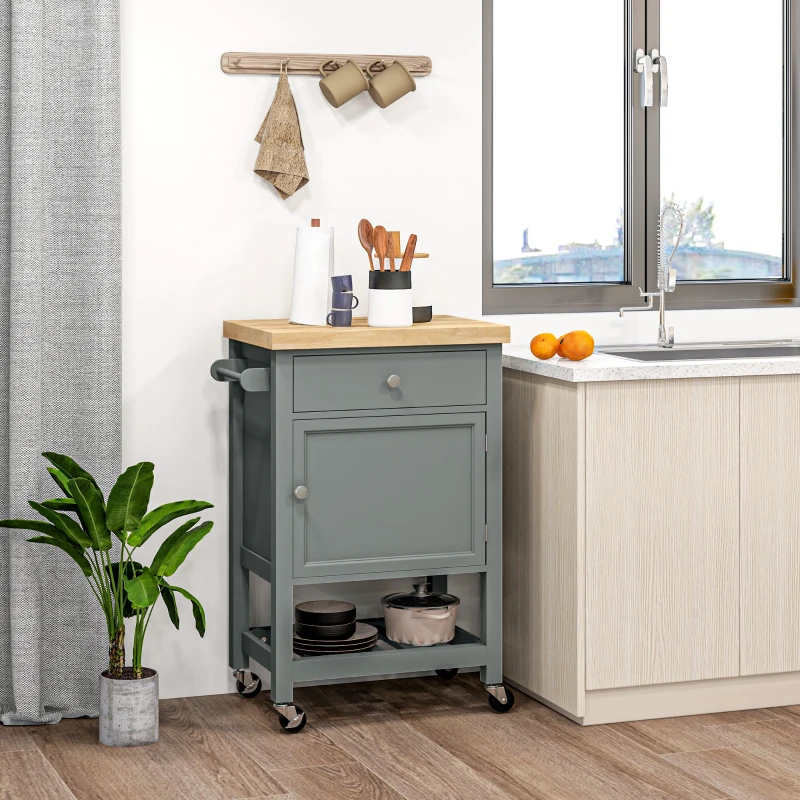 HOMCOM Kitchen Cart on Wheels, Rolling Kitchen Island Cart with Wood Top, Towel Rack, Drawer and Shelf for Dining Area, Grey