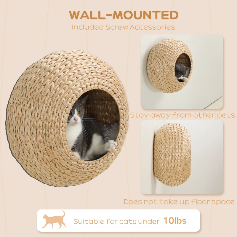 PawHut Wall Mounted Cat Condo with Washable Cushion, Natural Wood