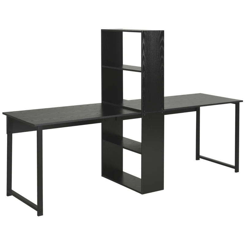 HOMCOM 2-Person Computer Desk with Storage Shelves, Double Study Table with Bookshelf, Writing Desk for Laptop, PC, Home Office Workstation, Black
