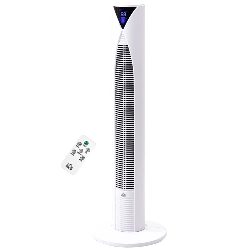 HOMCOM 38 Inch Tower Fan for Bedroom Cooling, 70°Oscillating Fan with 3 Speeds, 12H Timer, and Remote Control, Standing Floor Fan for Home Office, White