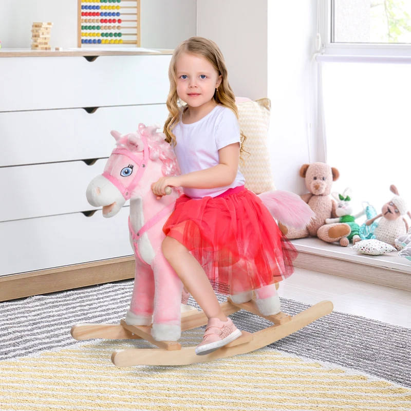 Qaba Kids Ride on Rocking Horse Toddler Plush Toy with Realistic Sounds and Swinging Tail for 3 Years Old Children
