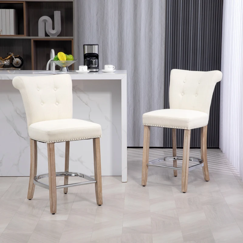 HOMCOM Bar Stools Set of 2, Upholstered Counter Height Stools with Button Tufted Back, Wood Legs and Footrest, Cream White