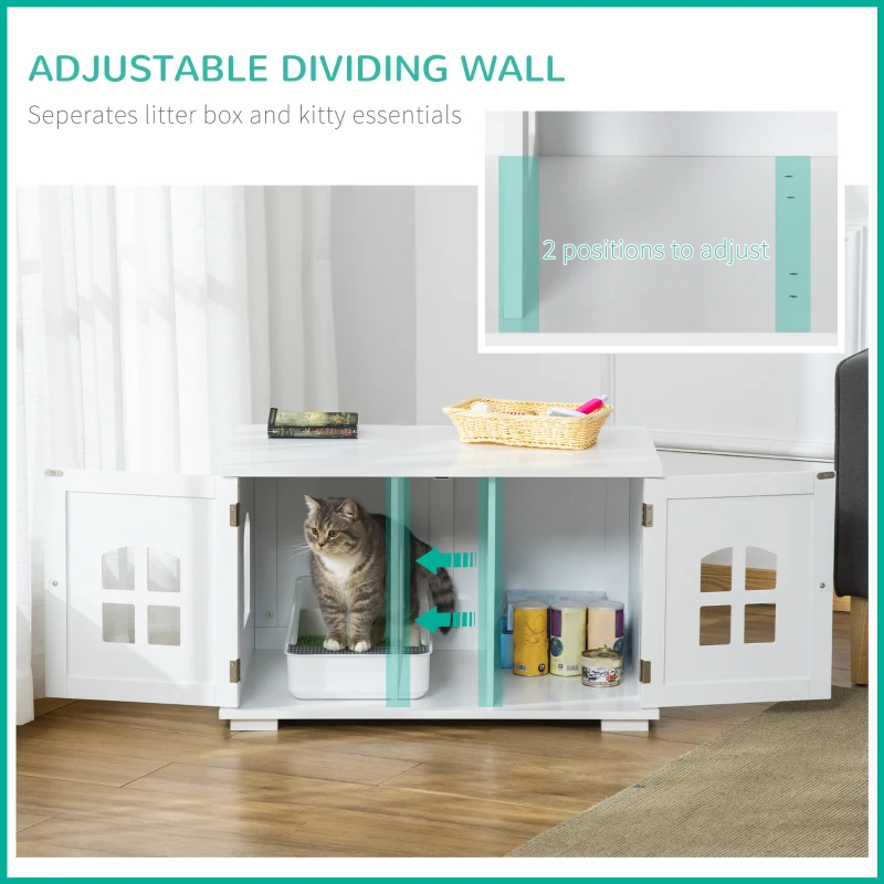 PawHut Cat Litter Box Enclosure Hidden Cat Furniture Cabinet Indoor Cat Washroom Double-door Nightstand End Table with Cat Hole Window White