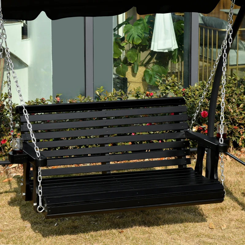 Outsunny 2 Seater Porch Swing Wooden Patio Swing Chair Seat with Cup Holder and Chains Outdoor Swing Bench for Garden Yard, Black