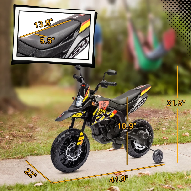 Qaba 12V Aprilia Licenced Kids Motorcycle with Training Wheels, Spring Suspension, LED Light, USB, Music, Yellow