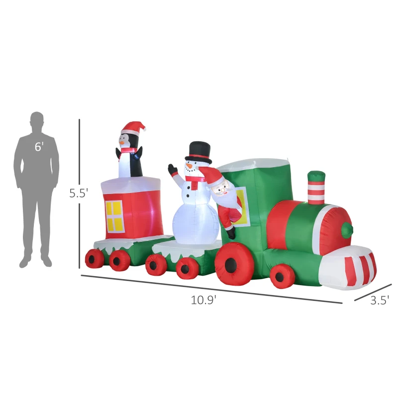 HOMCOM 11ft Christmas Inflatables Outdoor Decorations Holiday Train with Santa, Snowman and Penguin, Blow-Up Yard Christmas Decor with LED Lights Display