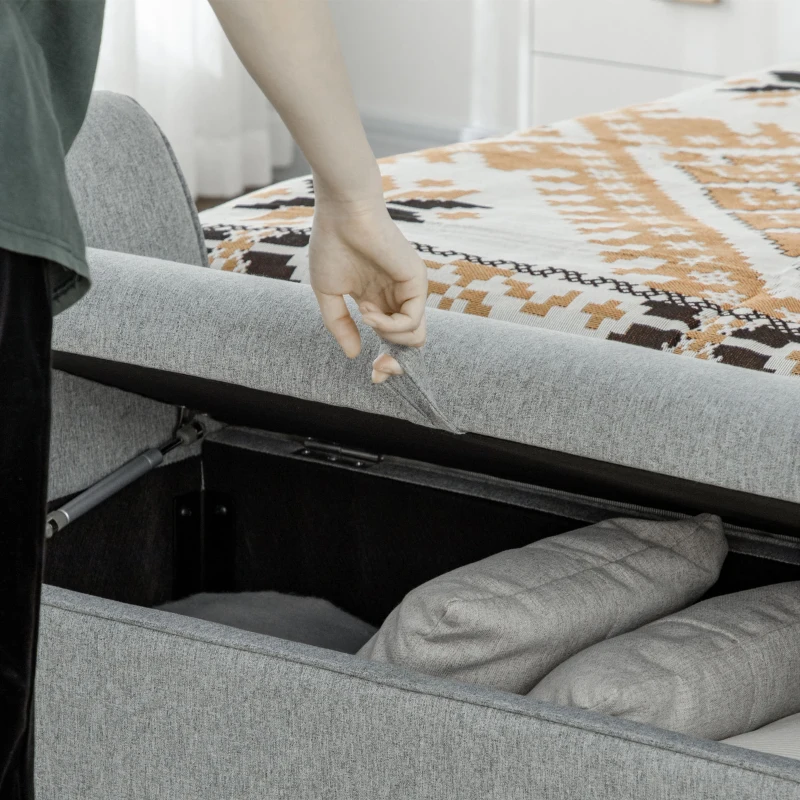 HOMCOM Modern Upholstered Storage Bench with Arms, Linen-Feel Fabric Ottoman Bench for Bedroom Entryway Living Room, Light Gray