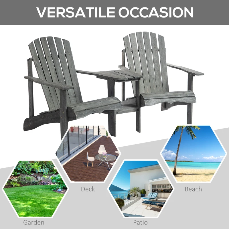 Outsunny Double Wooden Adirondack Chair Muskoka Chair with Middle Table, Outdoor Patio Porch Tete-A-Tete Bench Two Seater w/ Umbrella Hole, Grey
