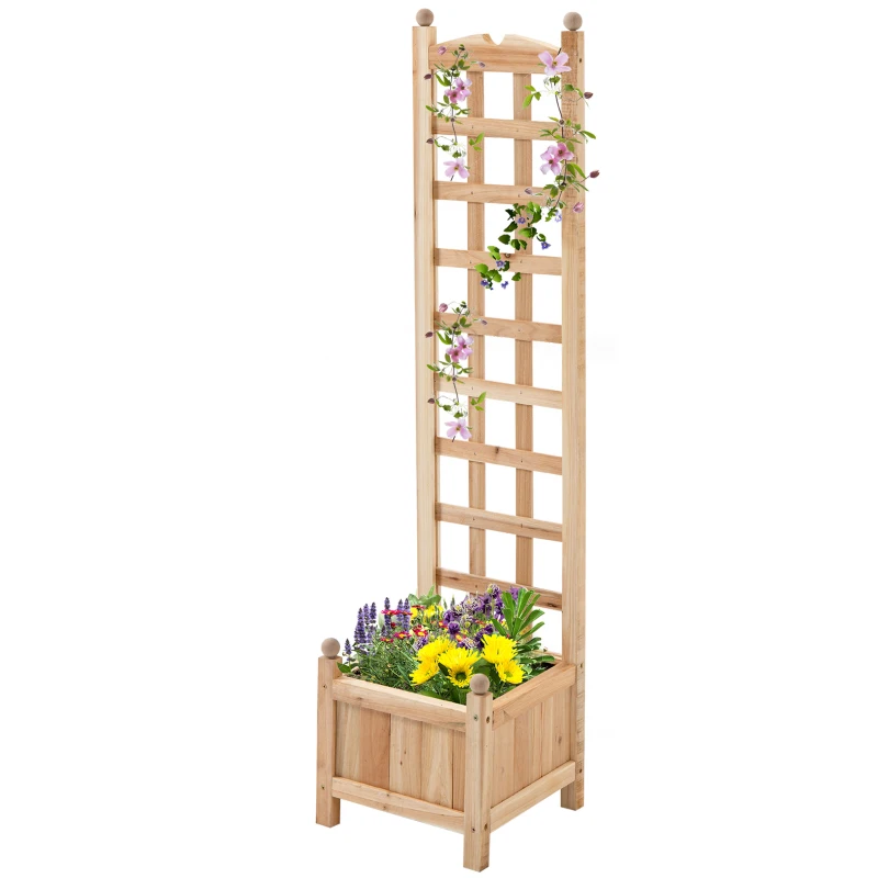 Outsunny Wooden Raised Garden Bed with Trellis, Outdoor Planter Box with Drainage Crevices for Climbing Vine Plants Flowers, 12" x 12" x 49"