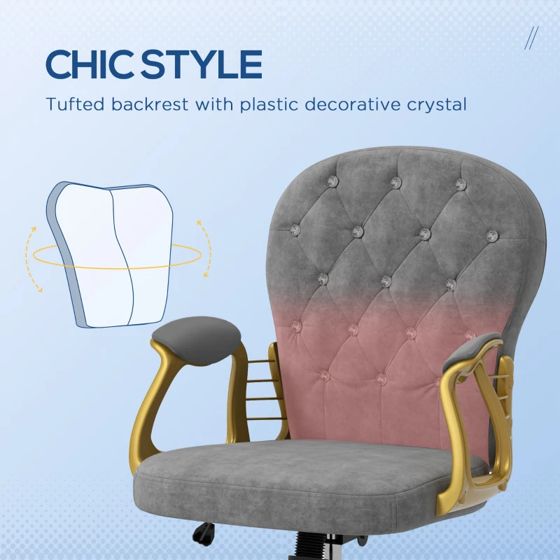 Vinsetto Velvet Office Desk Chair Button Tufted Vanity Chair with Swivel Wheels, Adjustable Height and Tilt Function, Grey