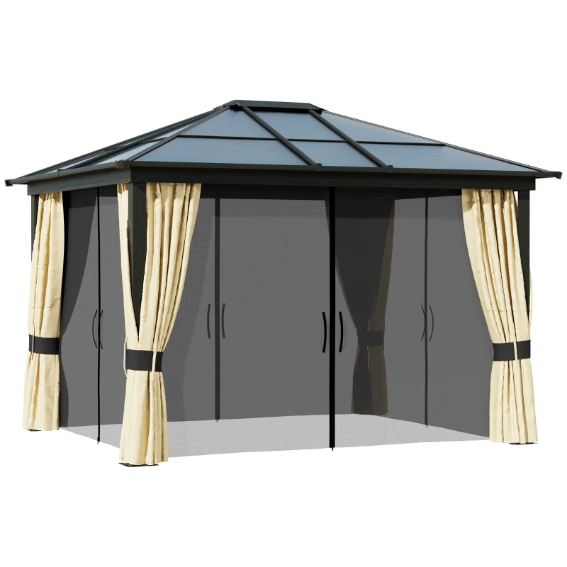 Outsunny 10 x 12ft Garden Outdoor Aluminium Gazebo Hardtop with LED Solar Light Canopy Marquee Party Tent  Shelter with Mesh Curtains & Side Walls