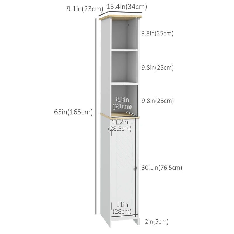 kleankin Narrow Bathroom Storage Cabinet, Freestanding Bathroom Cabinet with Open Shelves, Chevron Door and Adjustable Shelf, White