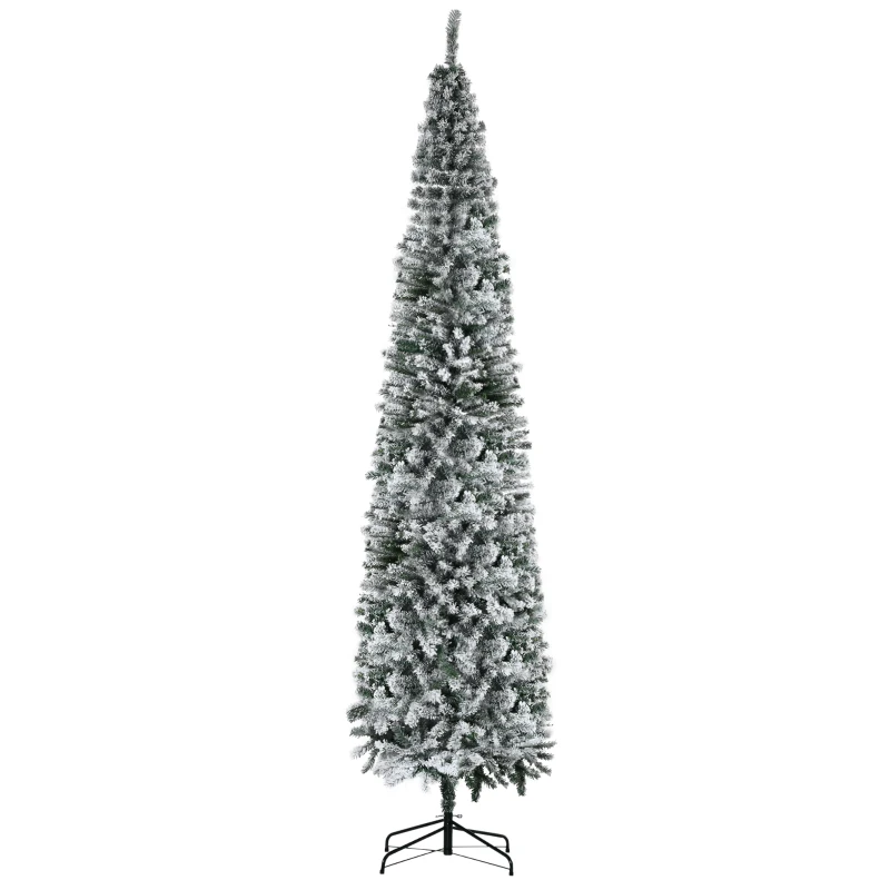HOMOM 9ft Flocked Christmas Tree, Pencil Artificial Xmas Tree with Faux Snow, Dense Branches, Foldable Metal Base for Indoor Holiday Decor