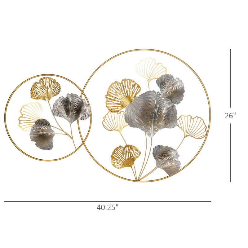 HOMCOM 3D Metal Wall Art Modern Ginkgo Leaves Hanging Wall Sculptures Home Decor for Living Room Bedroom Dining Room, 40" x 26", Gold