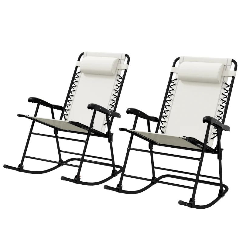 Outsunny 2pc Patio Foldable Rocking Chair Set w/ Breathable Mesh Seat & Backrest, Headrest for Park, Backyard, Garden, Cream