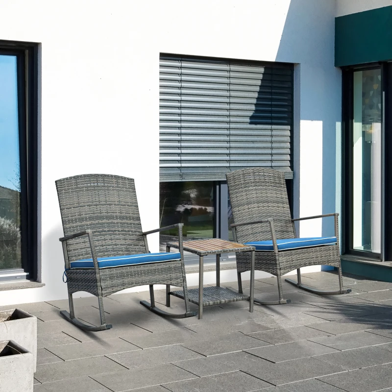 Outsunny 3 Piece Patio Rocking Chair Set, 2 PE Wicker Rocking Chairs, Cushioned, 1 Two-Tier Wood Slat Coffee Table, Rattan Front Porch Furniture, Blue