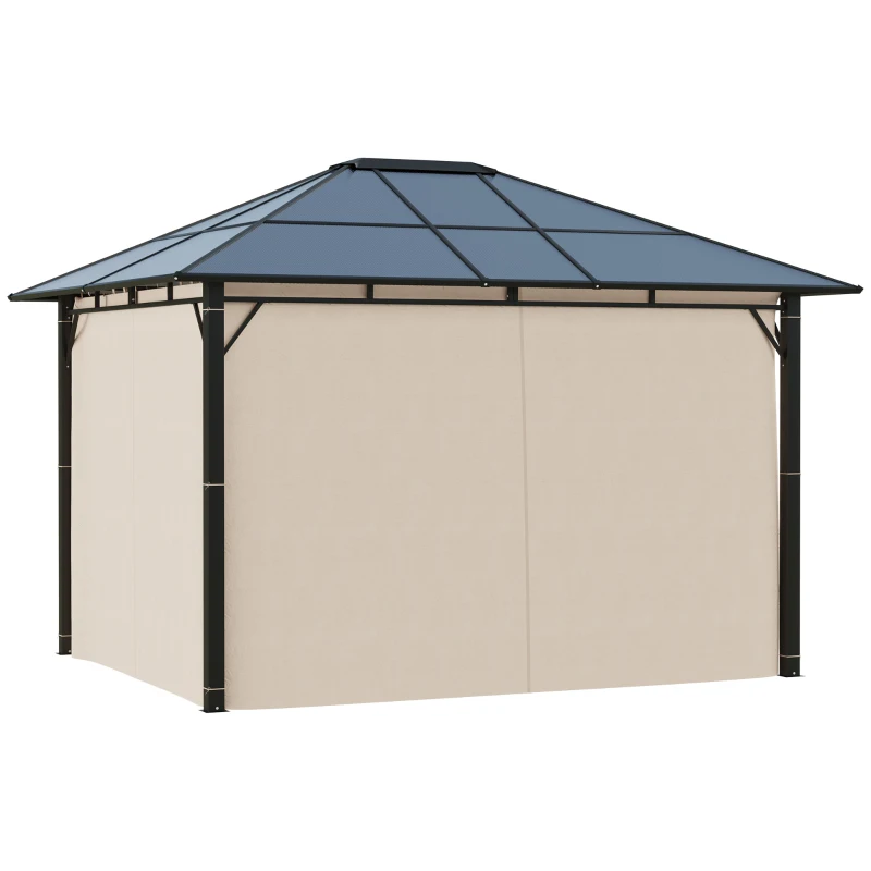 Outsunny 10' x 12' Hardtop Gazebo Canopy with Polycarbonate Roof, Aluminum Frame, Permanent Pavilion Outdoor Gazebo with Netting, for Patio, Garden, Backyard, Deck, Lawn, Dark Brown, Off-White