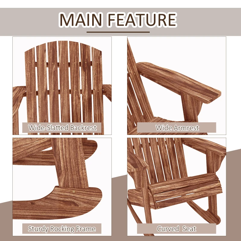 Outsunny Wood Adirondack Outdoor Lounge Rocking Chair Fire Pit Seating with Slatted Wooden Design, Fanned Back, Carbonized
