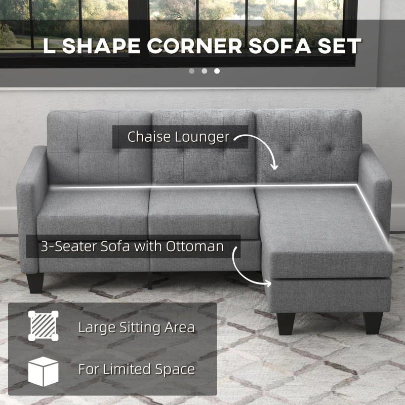 HOMCOM L-shaped Sofa, 3 Seater Couch with Ottoman, Corner Sofa with Thick Padded Cushion and Wood Legs, Light Grey
