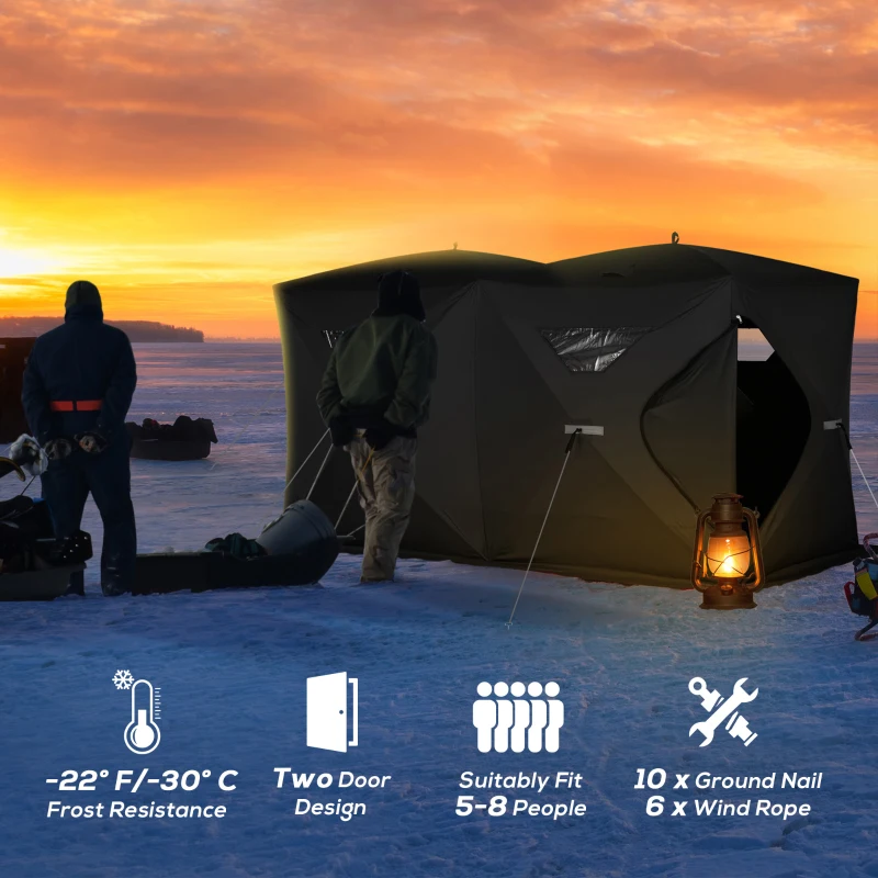 Outsunny 5-8 People Ice Fishing Shelter, Pop-Up Portable Ice Fishing Tent with Carry Bag, Two Doors, Windows and Vents, Ice Shanty for Winter Fishing, Black