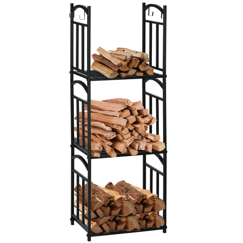 Outsunny 3-Tier Firewood Rack Heavy Duty Wood Storage Log Stacking Shelf with Hanging Hooks, Outdoor Indoor Use, Black