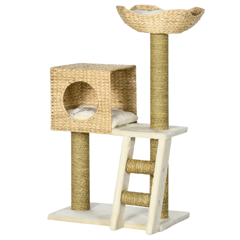 PawHut Cattail Weave Cat Tree for Indoor Cats Kitty Tower with Rattan Cat Condo, Wicker Bed, Ladder, Washable Cushions, 22.5" x 14.5" x 39.5", Natural
