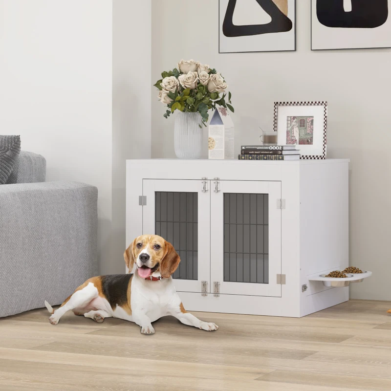 PawHut Dog Crate Furniture with 360° Rotatable Removable Dog Bowls, Dog Kennel Furniture for Medium Dogs, White