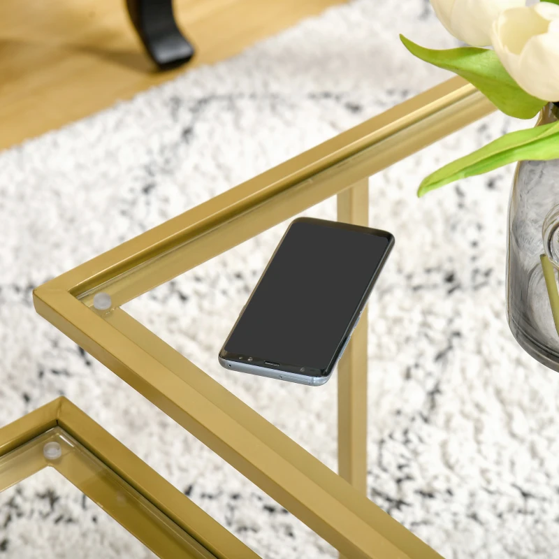 HOMCOM Coffee Table, Tempered Glass Coffee Table with 2 Square Tabletops, Modern Coffee Tables for Living Room, Bedroom, Gold