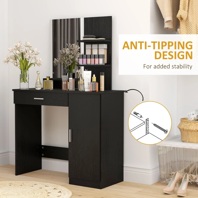 HOMCOM Vanity Desk with Mirror, Makeup Vanity w/ Drawer, Open Compartment and Shelves, Cabinet, Adjustable Shelves for Bedroom