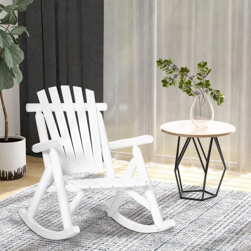 Outsunny Outdoor Wooden Rocking Chair, Single-Person Rustic Adirondack Rocker with Slatted Seat, High Backrest, Armrests for Patio, Garden and Porch, White