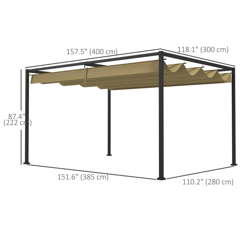Outsunny 13' x 10' Patio Pergola with Retractable Canopy, Outdoor Sun Shelter, Yard Shade, Khaki