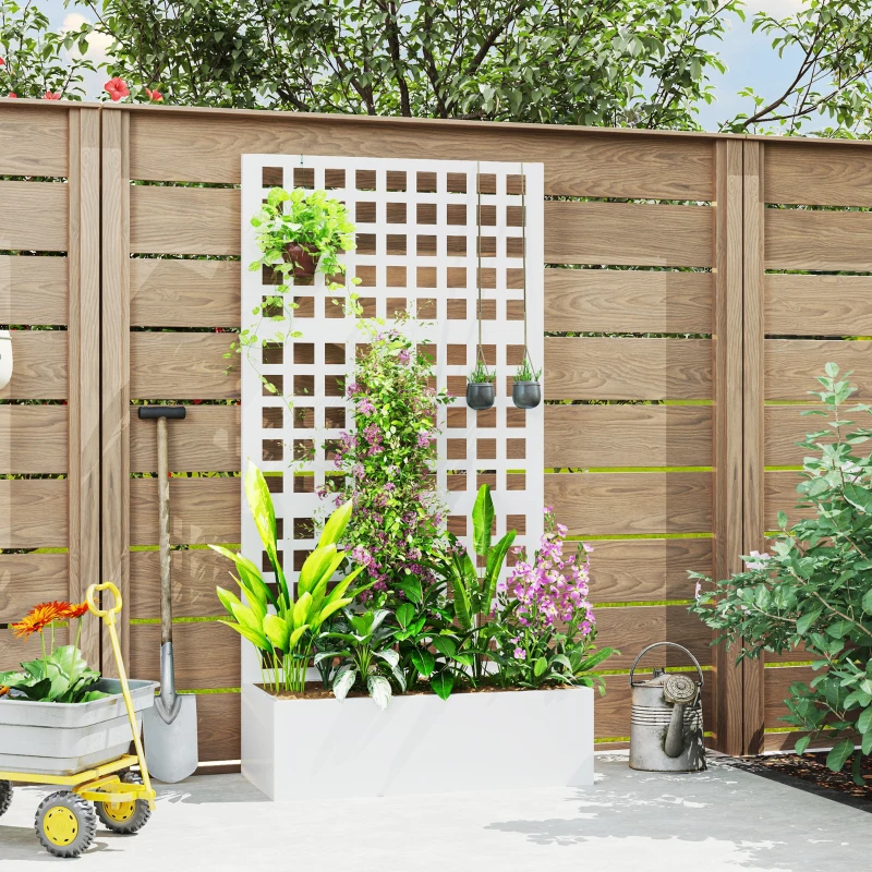 Outsunny Galvanized Raised Garden Bed Planter Box with Trellis for Climbing Plants, Vegetable, Vines, 35" x 16" x 70", White