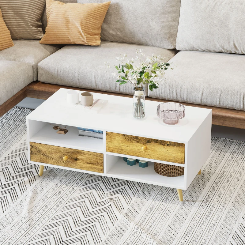 HOMCOM Coffee Table with Drawers and Shelves, Rectangular Center Table for Living Room, Bedroom, White and Brown