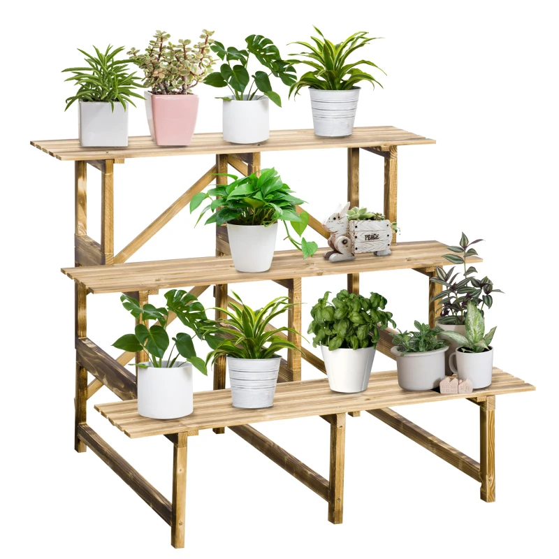 Outsunny 39.5'' L x 31.5" W x 31.5"H 3 Tier Flower Stand Wood Planter Ladder Display  Rack for Garden Indoor Outdoor Backyard Storage Shelf Unit