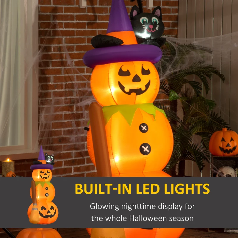 Outsunny 6' Cute Halloween Decoration Inflatable Pumpkin Man with Black Cat and Broom, Blow-Up LED Yard Display Indoor Outdoor for Garden, Lawn, Party, Holiday