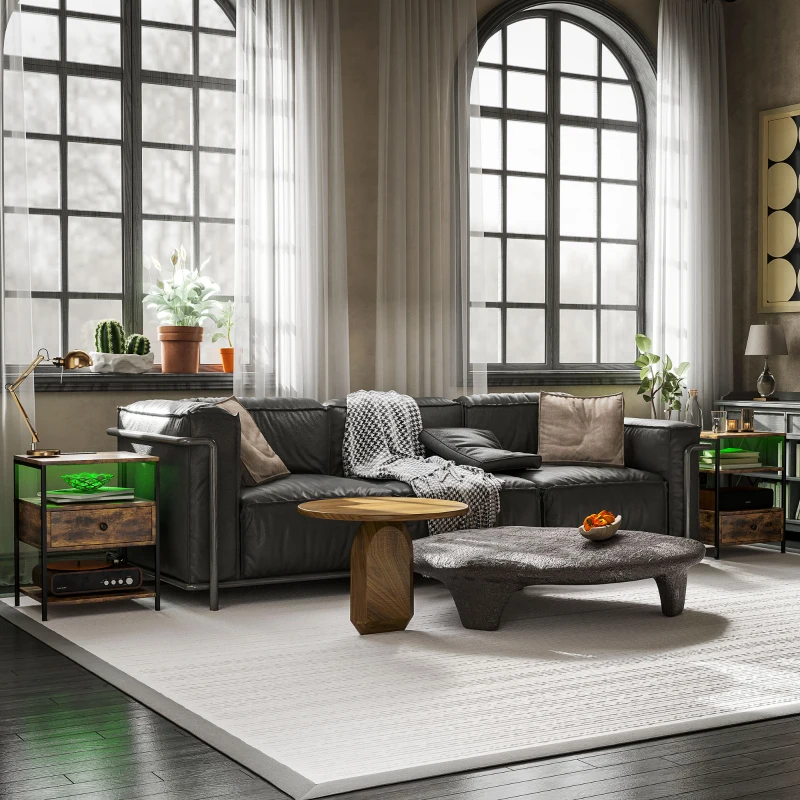 HOMCOM Set of 2 Side Tables with Charging Stations and LED Lights, End Tables with Drawer and Shelves for Living Room, Brown