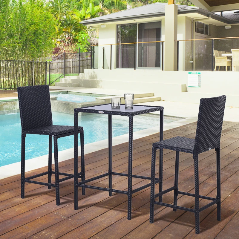 Outsunny 3 Piece Patio Bar Set Wicker Rattan Garden Bistro Set Barstool and Table for Patio Backyard Balcony Poolside, Black