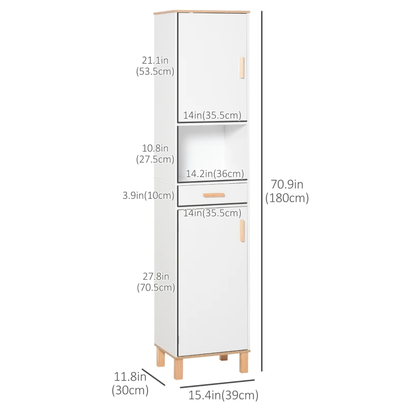 kleankin Bathroom Storage Cabinet with Cupboards and Drawer, Floor Free Standing Linen Tower, Tall Slim Side Organizer Shelves, White