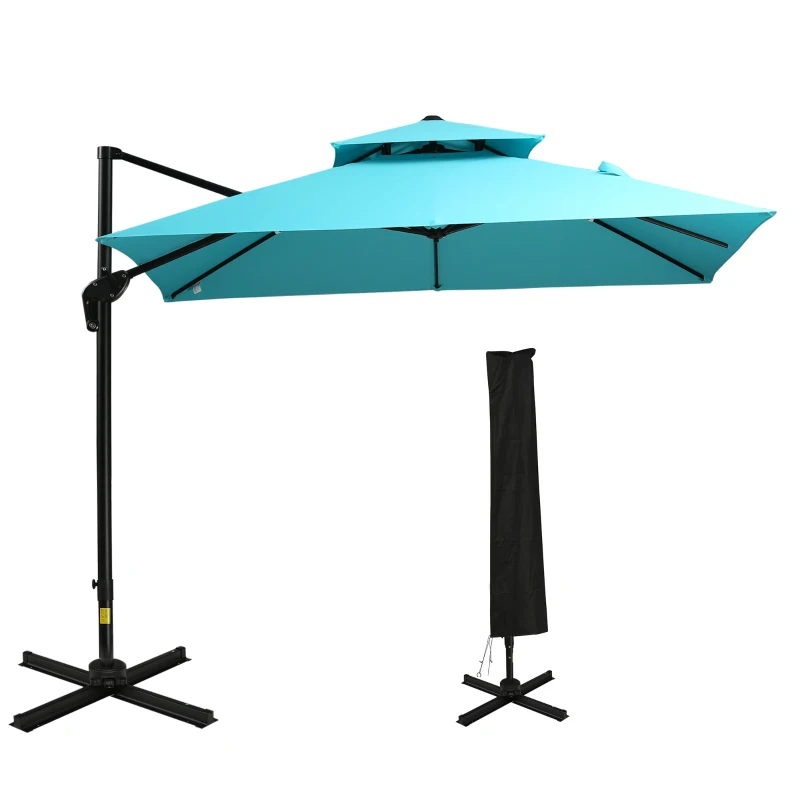 Outsunny 10ft Offset Patio Umbrella with Base, Double Top Hanging Aluminum Cantilever Umbrella with 360-degree Rotation, Easy Tilt, 8 Ribs, Crank, Cross Base, Cover, Strap, Light Blue