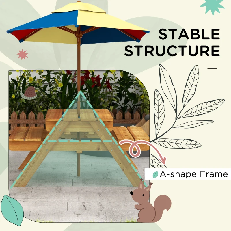 Outsunny Sensory Table 3 in 1 Toddler Water and Sand Table w/ Foldable Umbrella 2 Play Boxes Removable Top, 3-6 Years Old, Teak