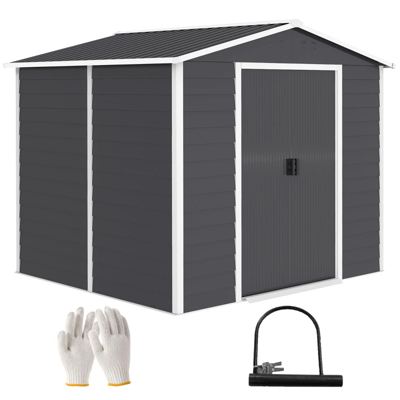 Outsunny 8' x 7' Outdoor Storage Shed, Easy to Assemble, Upgraded Galvanized Metal Garden Shed with Lockable Doors, Floor Frame and Gloves for Backyard, Lawn, Patio, Dark Grey