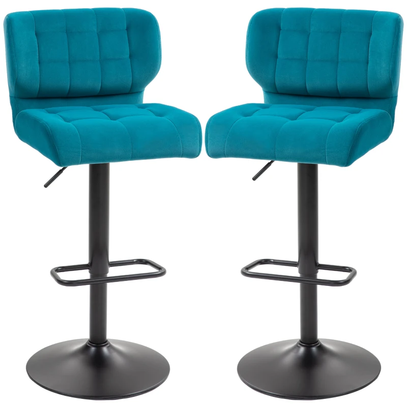 HOMCOM Swivel Tufted Velvet-feel Fabric Barstools Set of 2 Adjustable Bar Stools with Footrest for Counter Dining Room Blue