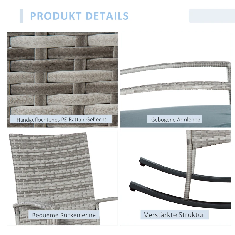 Outsunny Outdoor PE Rattan Rocking Chair, Garden Glider Rocking Chair, Wicker Patio Chair Set with Armrest and Cushion, Grey