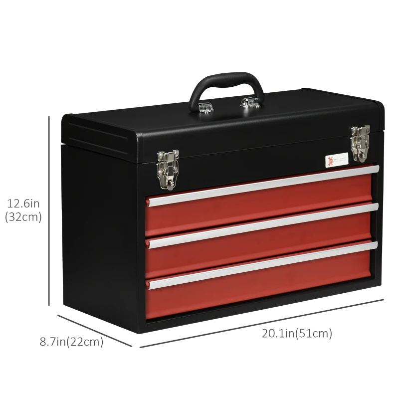 DURHAND 20" Portable Metal Tool Box with Metal Latch Closure, 3 Drawer Lockable Tool Chest with Ball-bearing Slider for Garage, Household and Warehouse, Red