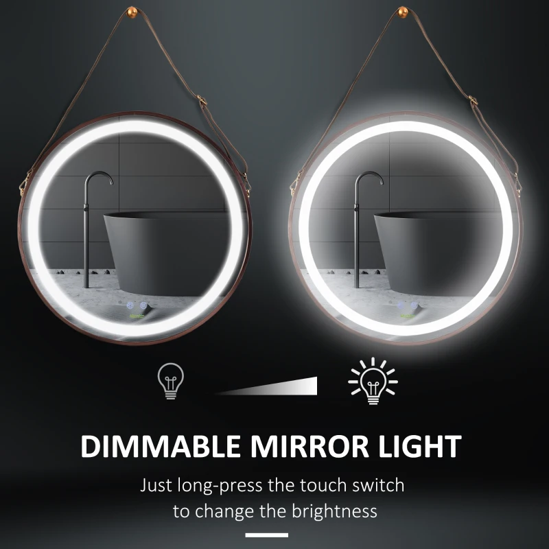kleankin 24'' Round Led Bathroom Mirror, Dimmable Anti Fog Wall-Mounted Mirror with 3 Temperature Colors, Plug-in, Rose Gold