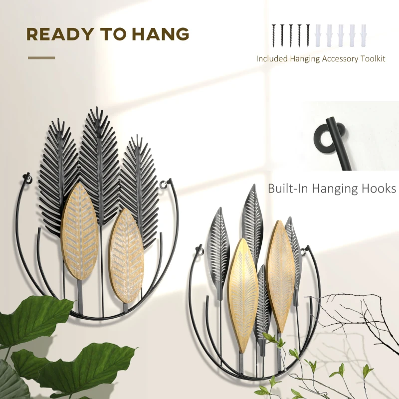 HOMCOM 3D Metal Wall Art Set of 2 Modern Leaves Hanging Wall Sculpture Home Decor for Living Room Bedroom Kitchen 16"x18", Black Yellow