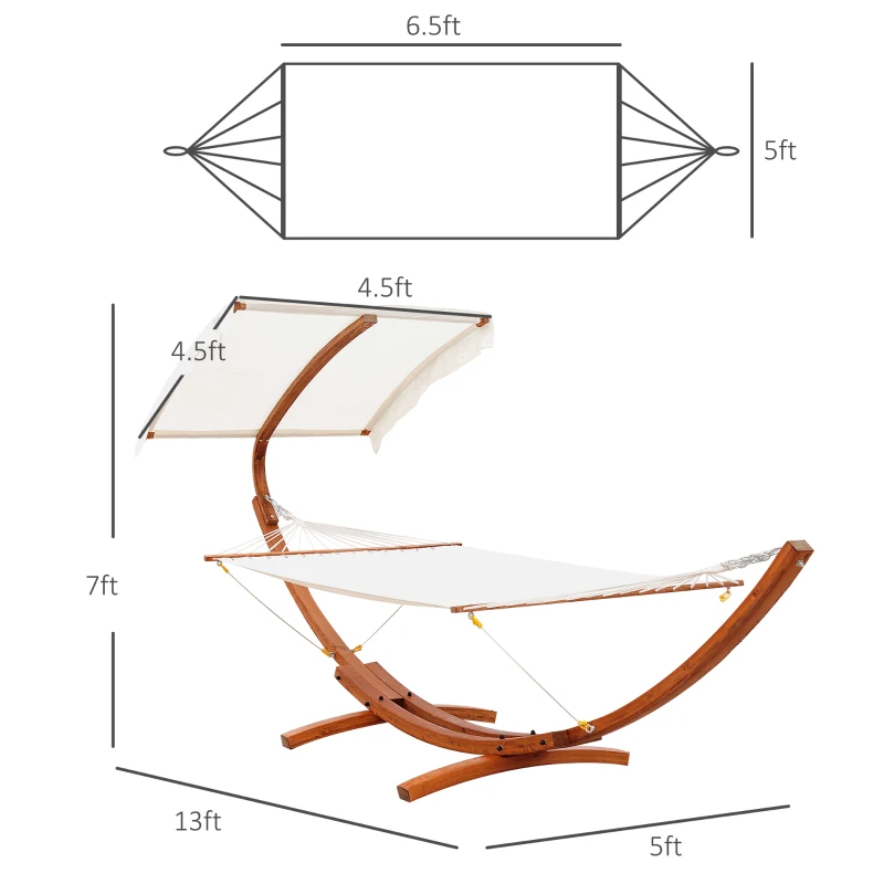 Outsunny Outdoor Hammock with Stand & Accessories, Heavy Duty Wooden Frame, Sun Shade Visor Canopy, Indoor Outside Boho Style Nap Bed, Natural Cotton, White