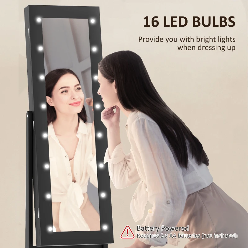 HOMCOM Free Standing Armoire Organizer, Lighted Mirrored Jewelry Cabinet w/ Angle Adjustable & 16 LED Lights Black