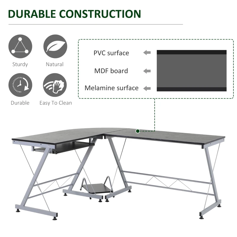 HOMCOM L-Shaped Computer Desk, Corner Table with Keyboard Tray for PC Laptop Desktop, Workstation Stand Home Office Furniture