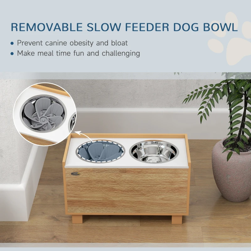 PawHut Elevated Dog Bowls with Slow Feeder Dog Bowl, Stainless Steel Food Water Bowl, Storage for Large Sized Dog, Oak